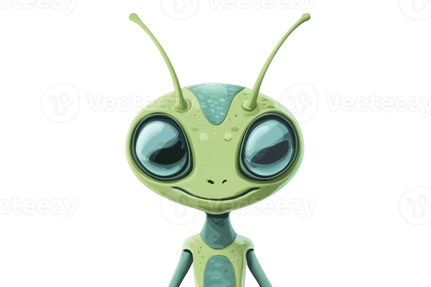 Cute green alien with big eyes and antennas, standing against a transparent background. Perfect for sci-fi, fantasy, or children's illustrations. png