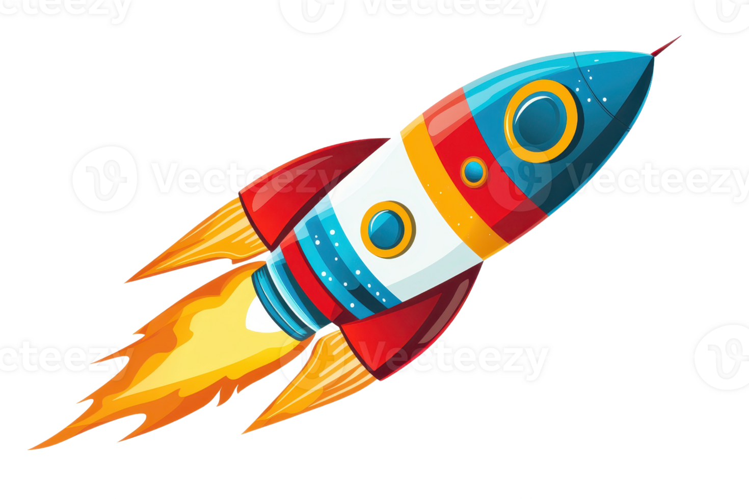 Colorful cartoon rocket blasting into space with fiery trail, symbolizing adventure and exploration in a playful style. png