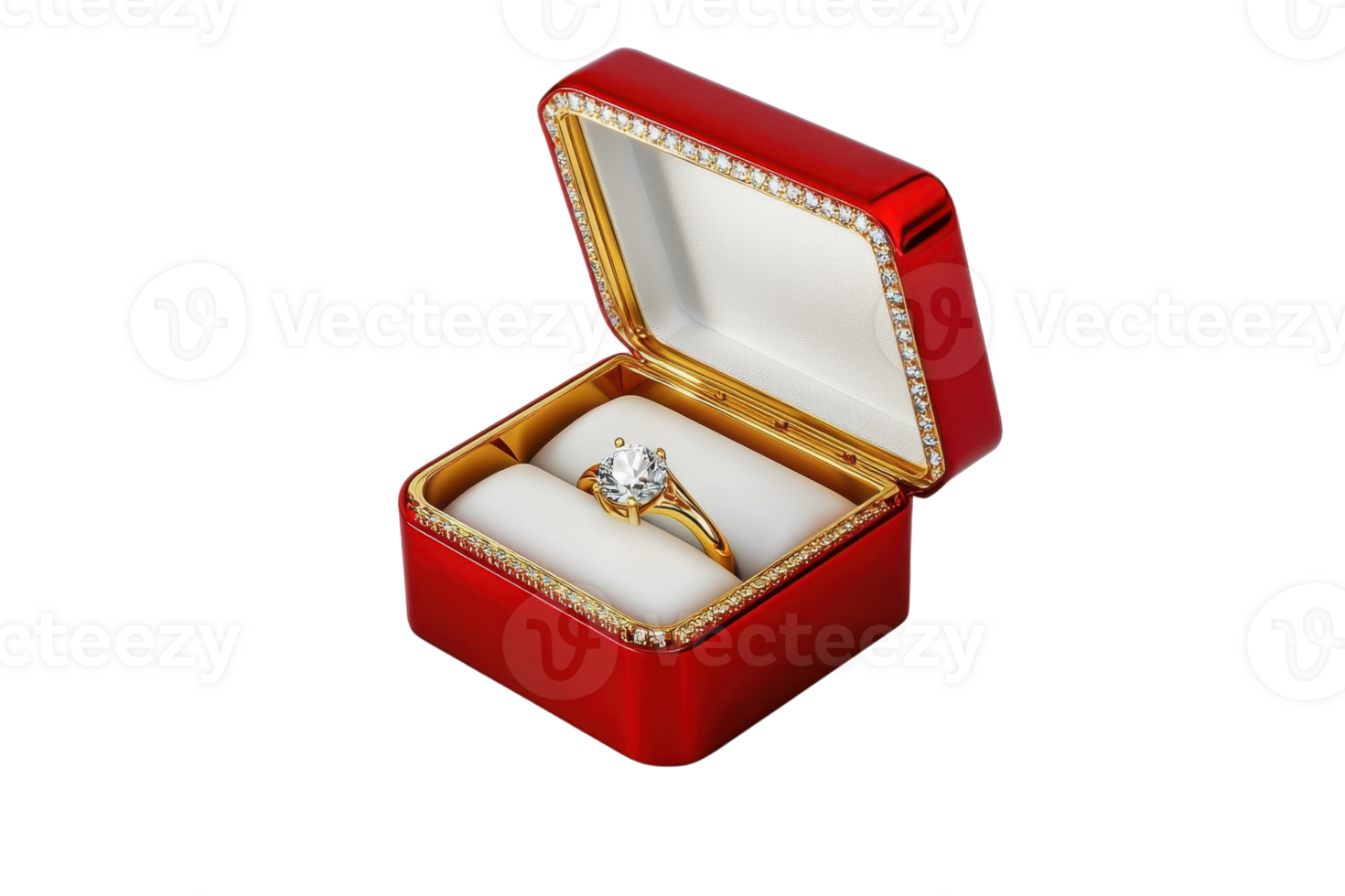 Elegant gold engagement ring with a large diamond in a luxurious red jewelry box, symbolizing love and commitment. Perfect for proposals. png