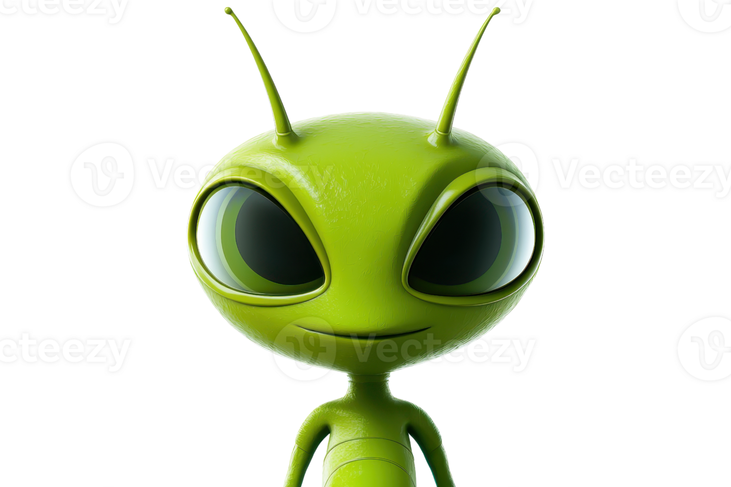 Cute green alien character with large eyes and antennas, smiling against a plain background. Ideal for sci-fi, animation, and fantasy themes. png