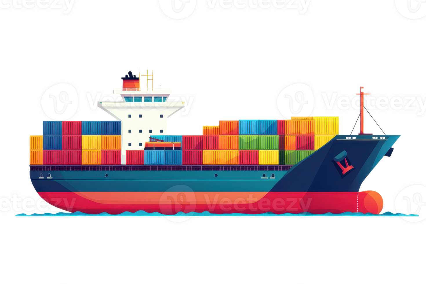 Colorful cargo ship illustration showcasing vibrant shipping containers symbolizing global trade and maritime logistics. png