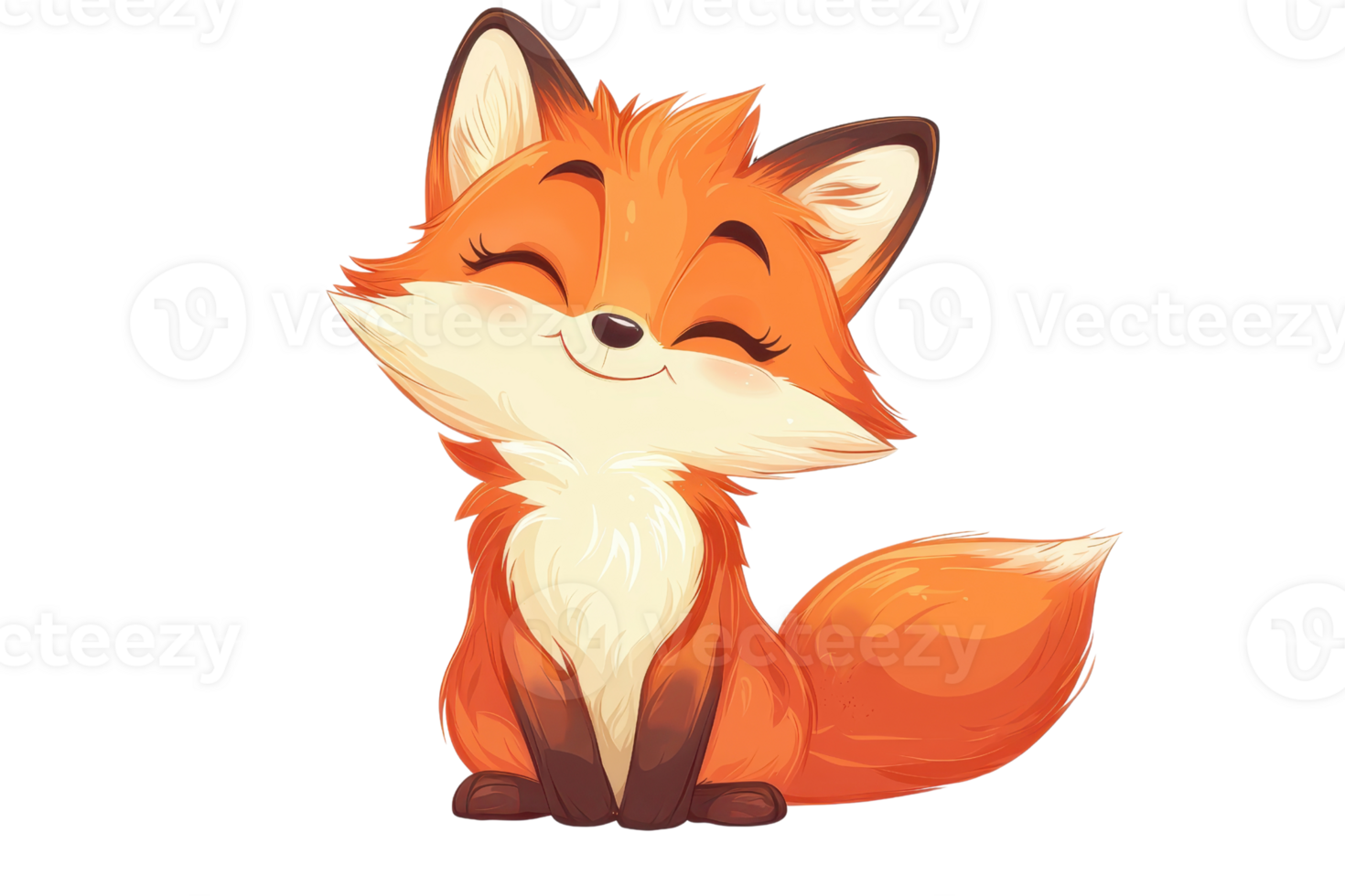 Cute, vibrant cartoon fox with a bushy tail, smiling joyfully. Perfect for whimsical designs and cheerful themes. Isolated on transparent background. png
