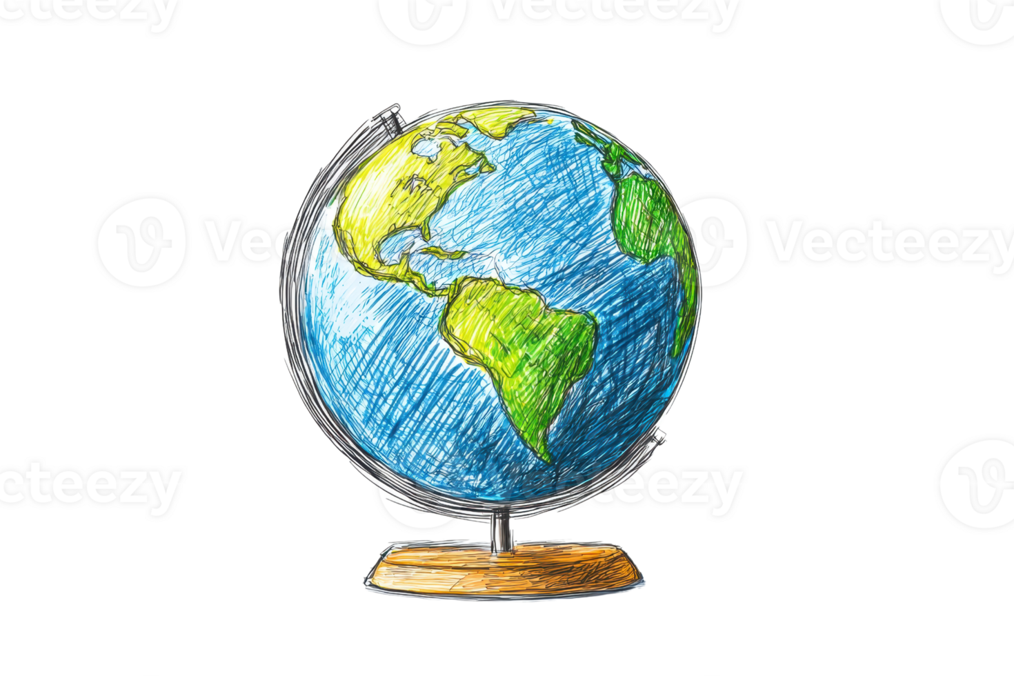Colorful sketch of a globe displaying continents on a wooden stand, symbolizing global exploration and geographical learning. png