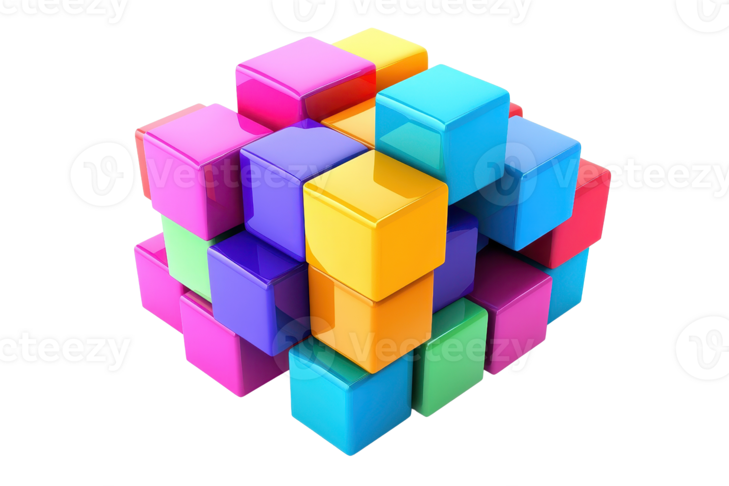 Colorful 3D cube composed of interlocking, glossy blocks in various vibrant hues, showcasing abstract geometric design and creative complexity. png