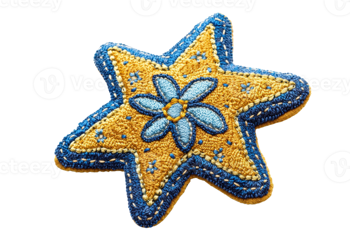Decorative star-shaped embroidered ornament with blue and yellow patterns, featuring a floral design at its center, artistic craftwork. png