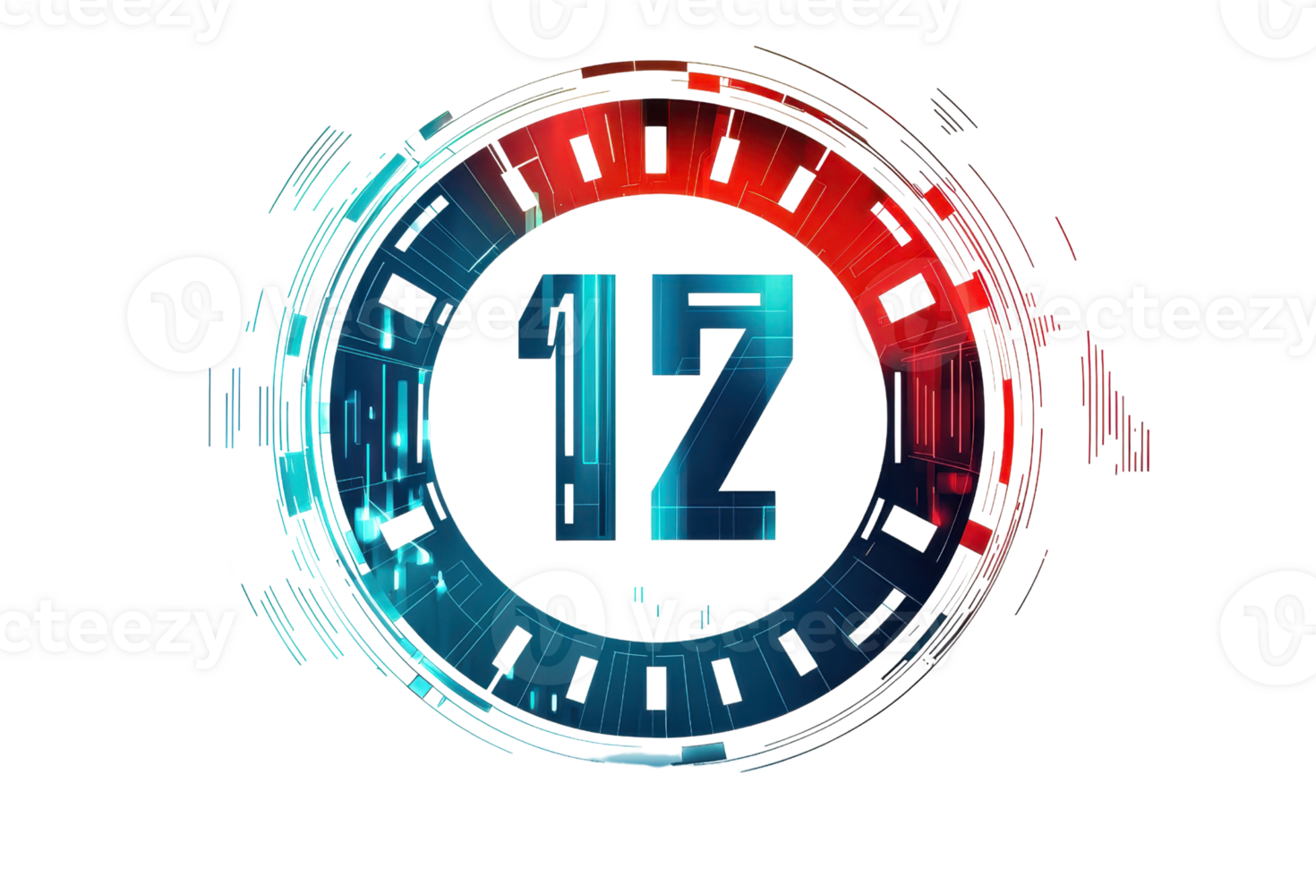 Digital futuristic number 12 displayed in an abstract design with red and blue colors, symbolizing technology and innovation. png