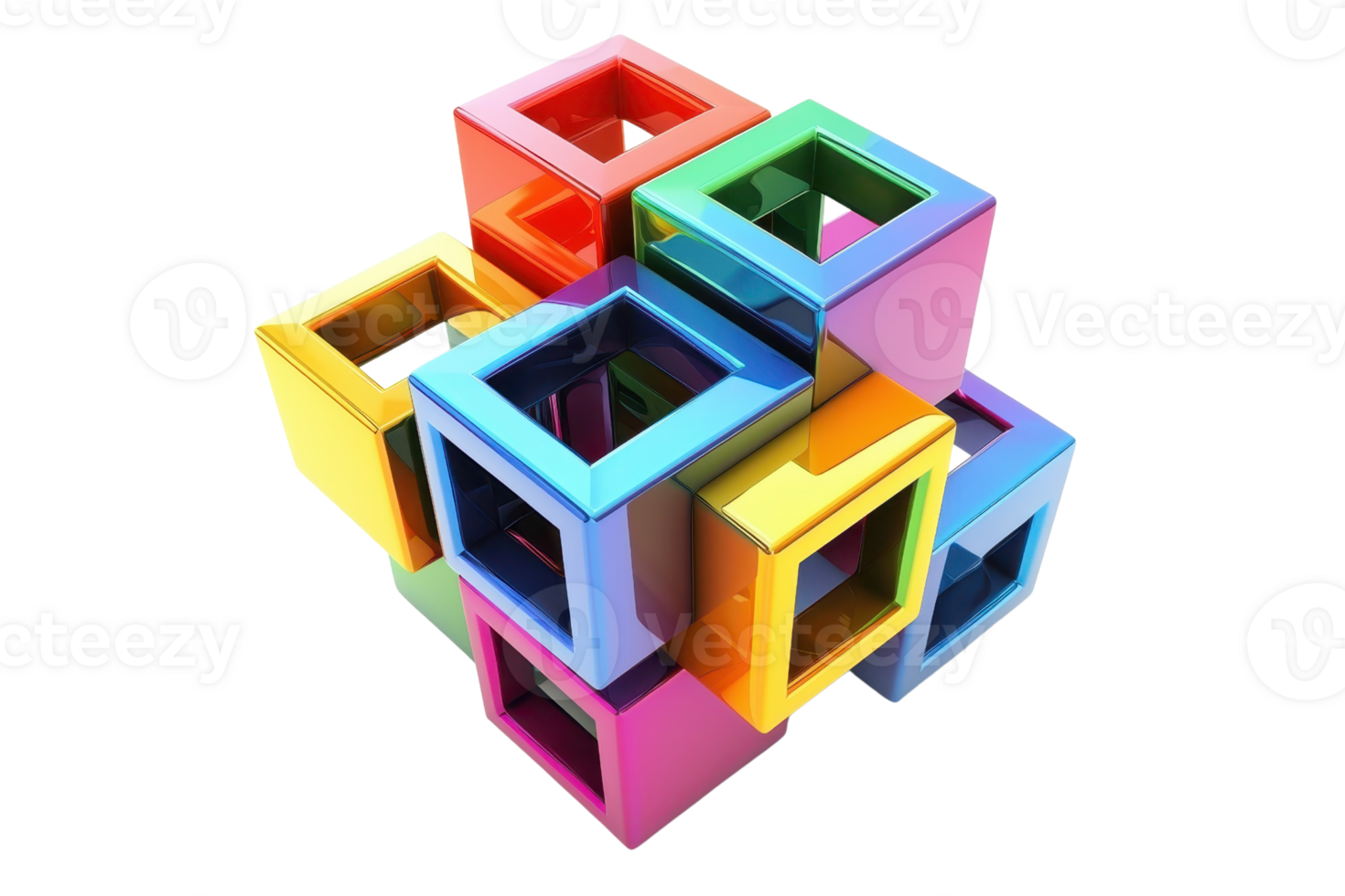 Colorful interlocking cubes forming a complex 3D puzzle, symbolizing creativity, teamwork, and problem-solving on a transparent background. png