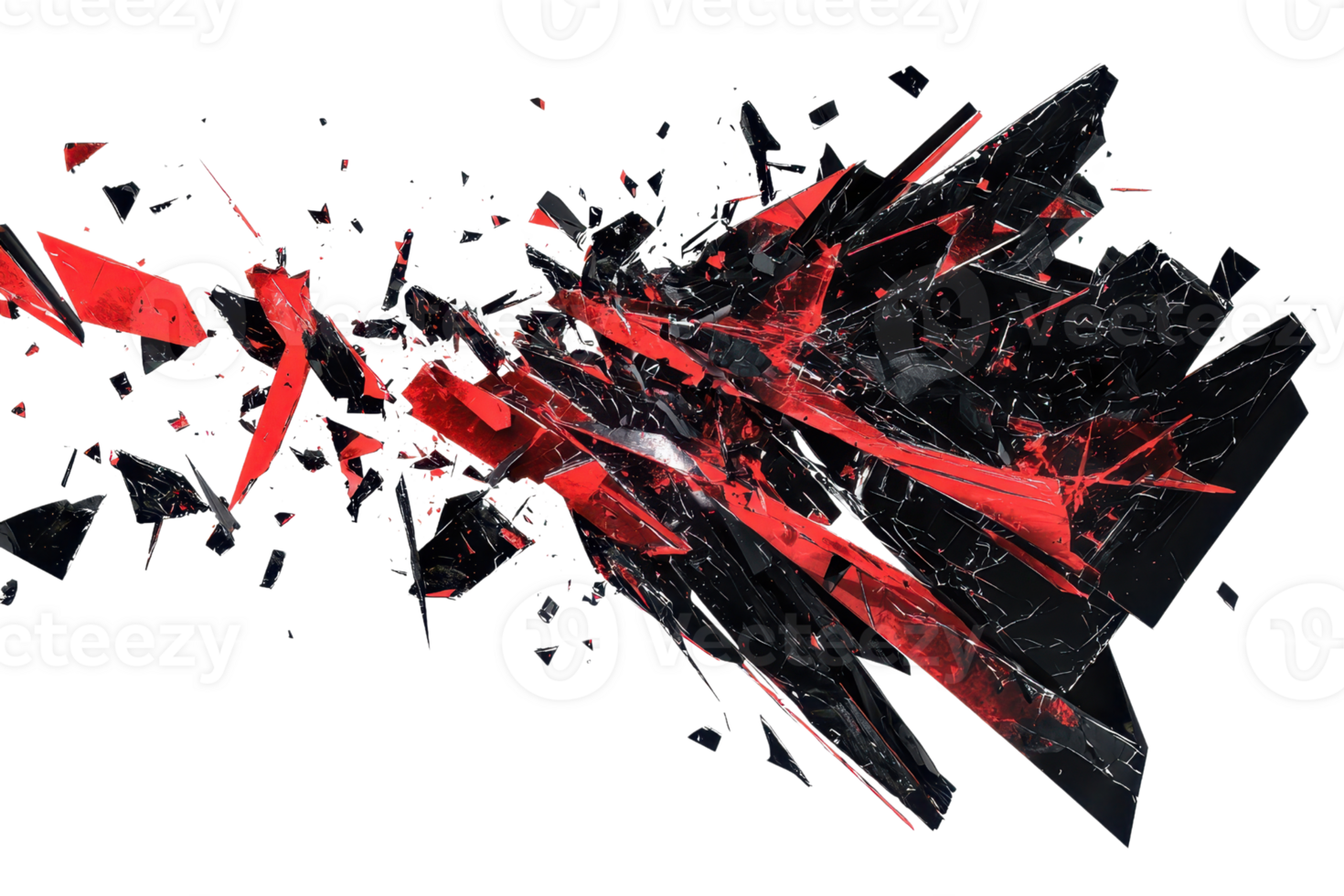 Dynamic abstract image of shattered red and black glass shards exploding on a transparent background. capturing a sense of motion and energy. png