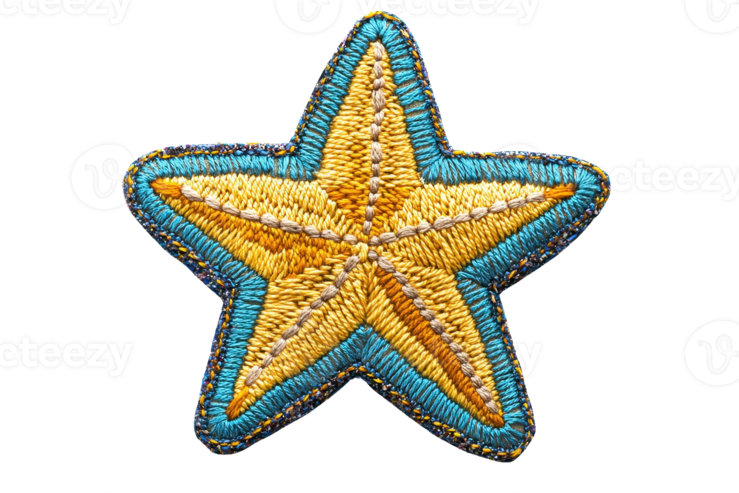 Colorful embroidered star patch with intricate stitching in gold and blue tones, ready for use in crafts or decoration. png