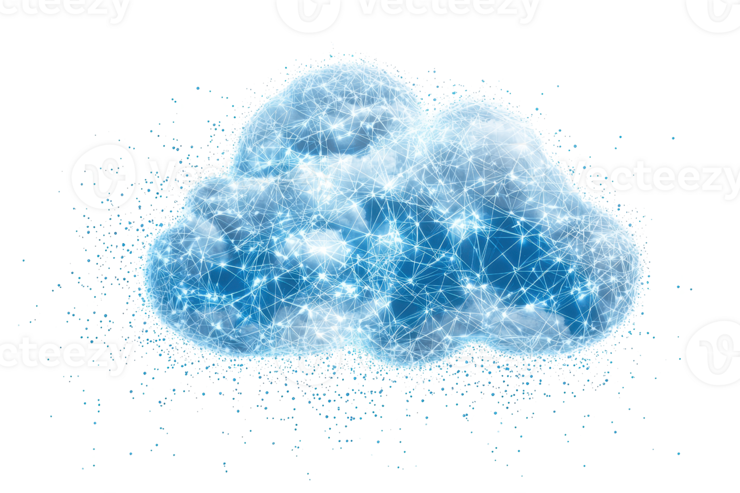 Digital cloud of glowing connections symbolizing network data exchange and futuristic technology in a transparent blue design. png