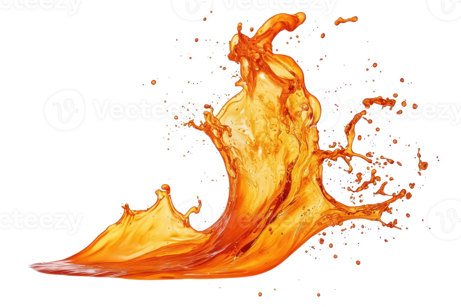 Dynamic splash of vibrant orange liquid with droplets, capturing motion, energy, and vivid color against a transparent background. png