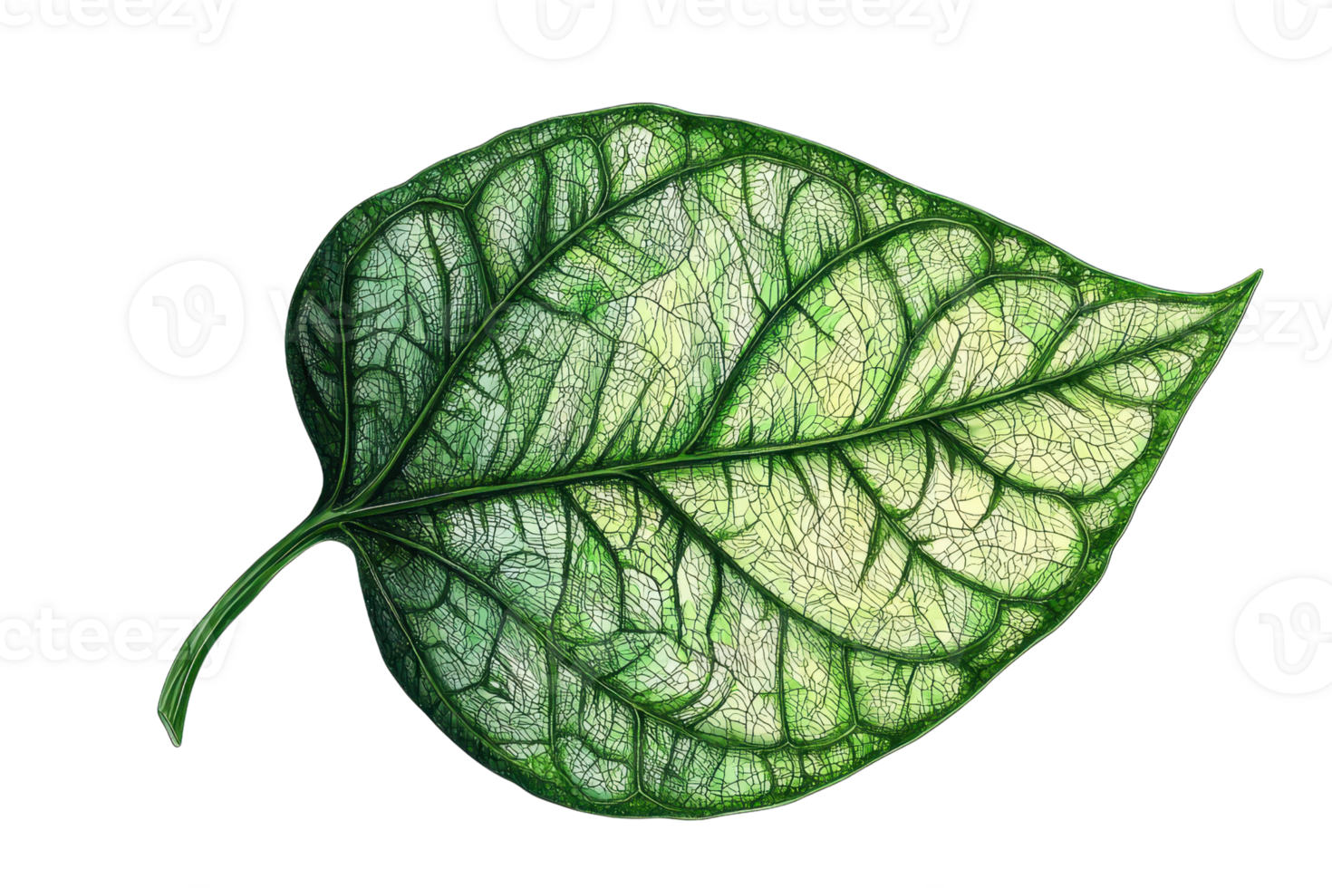 Detailed close-up of a vibrant green leaf showcasing intricate vein patterns, highlighting natural beauty and texture in stunning detail. png