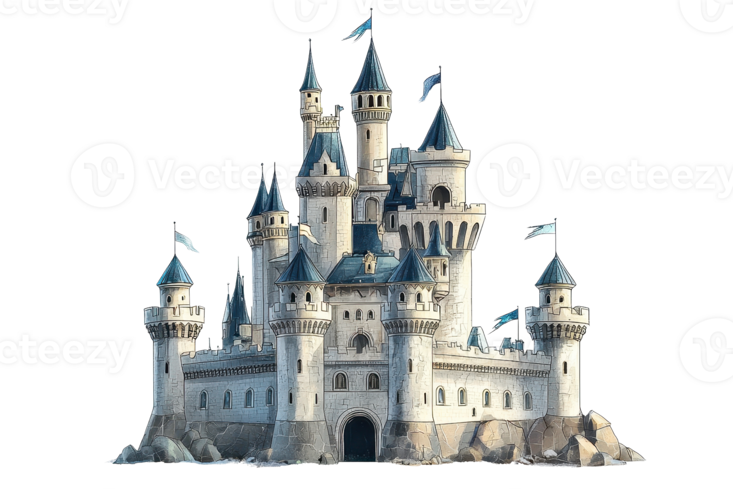 Elegant medieval castle with blue-roofed towers, surrounded by rocks. A fairytale architecture icon under a clear sky. png