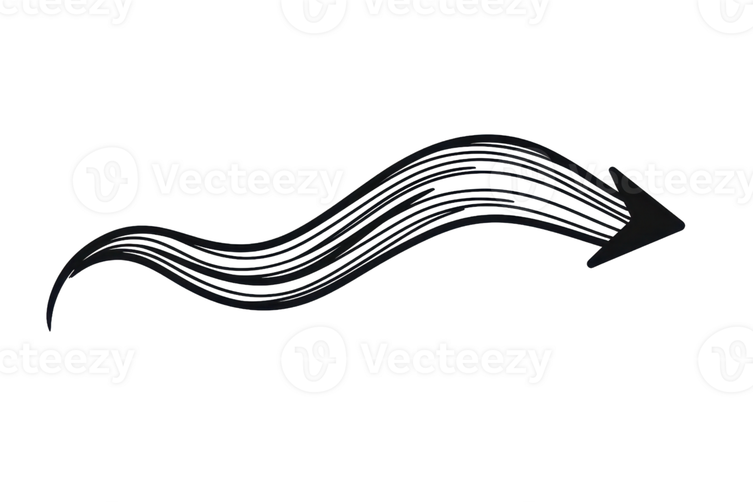 Illustration of a black wavy arrow with multiple lines on a transparent background, symbolizing guidance, direction, and movement. png