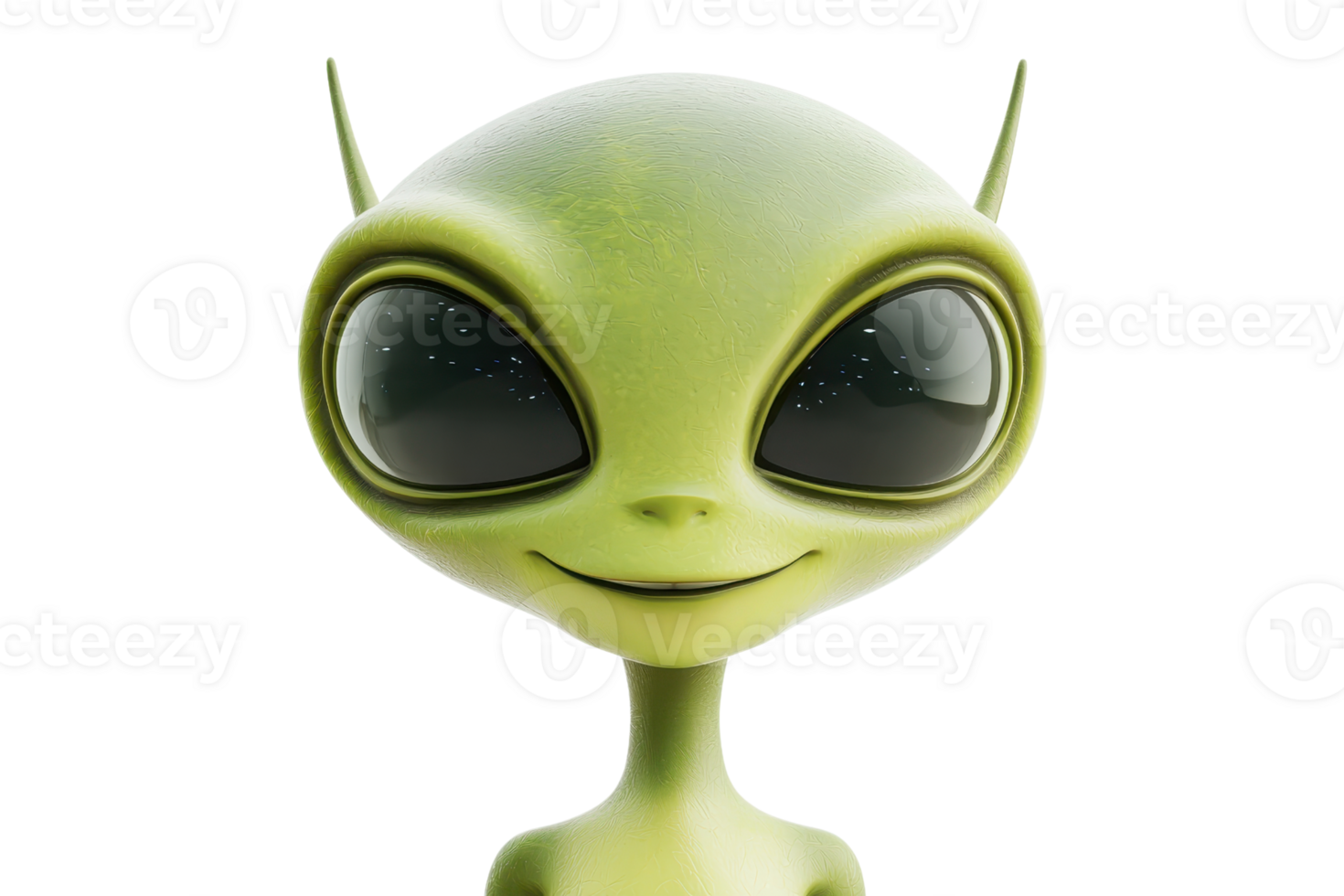 Cute green alien with big eyes smiling on a transparent background. Ideal for space and extraterrestrial themed designs or projects. png