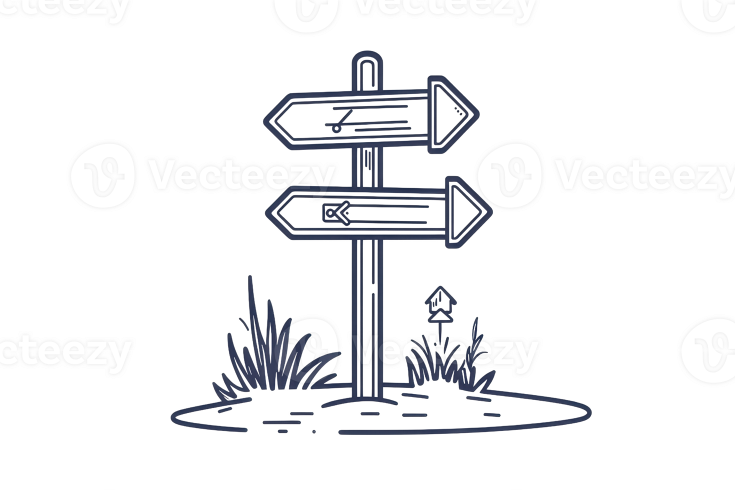 Illustration of a directional signpost surrounded by foliage, depicting multiple paths and choices in life, on a transparent background. png