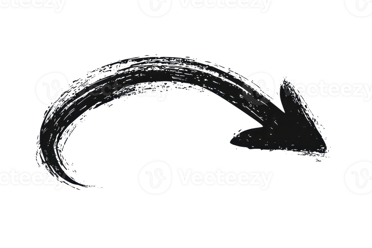 Hand-drawn black curved arrow on transparent background, symbolizing direction, movement, or guidance in a dynamic sketch style. png