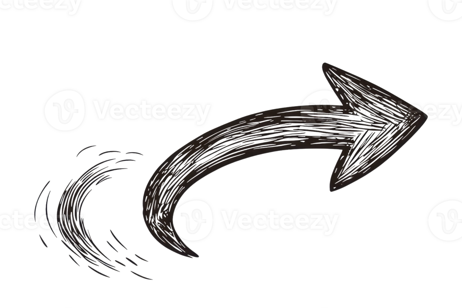 Hand-drawn sketch of a black arrow curving to the right, symbolizing direction and movement on a transparent background. png