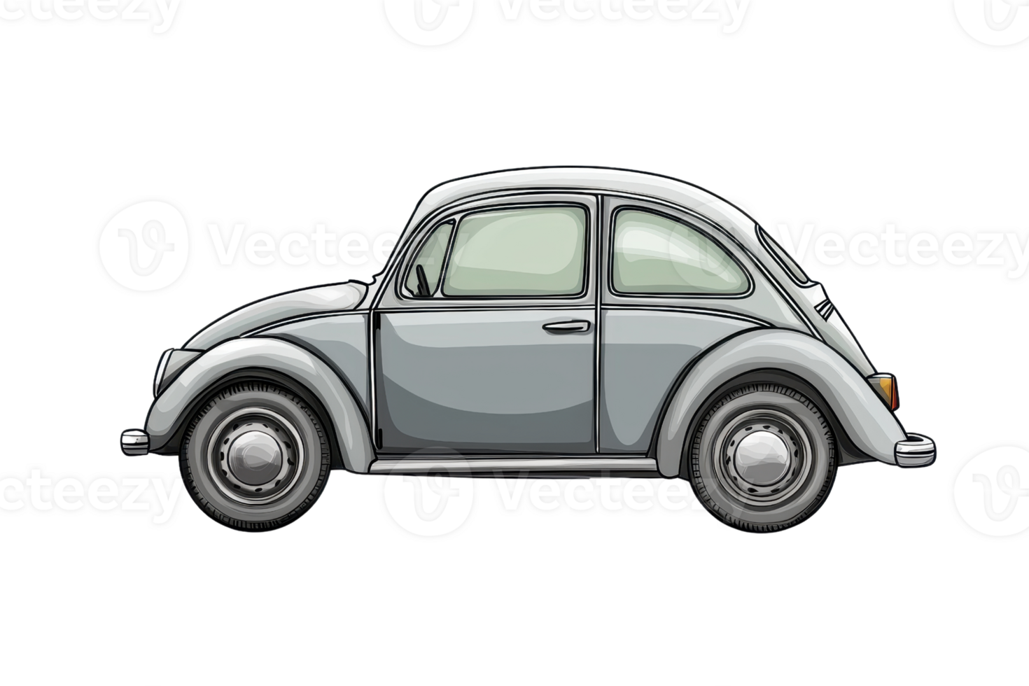 Illustration of a classic vintage car, side view, gray color, featuring round curves, nostalgic design, simple style, isolated on white. png