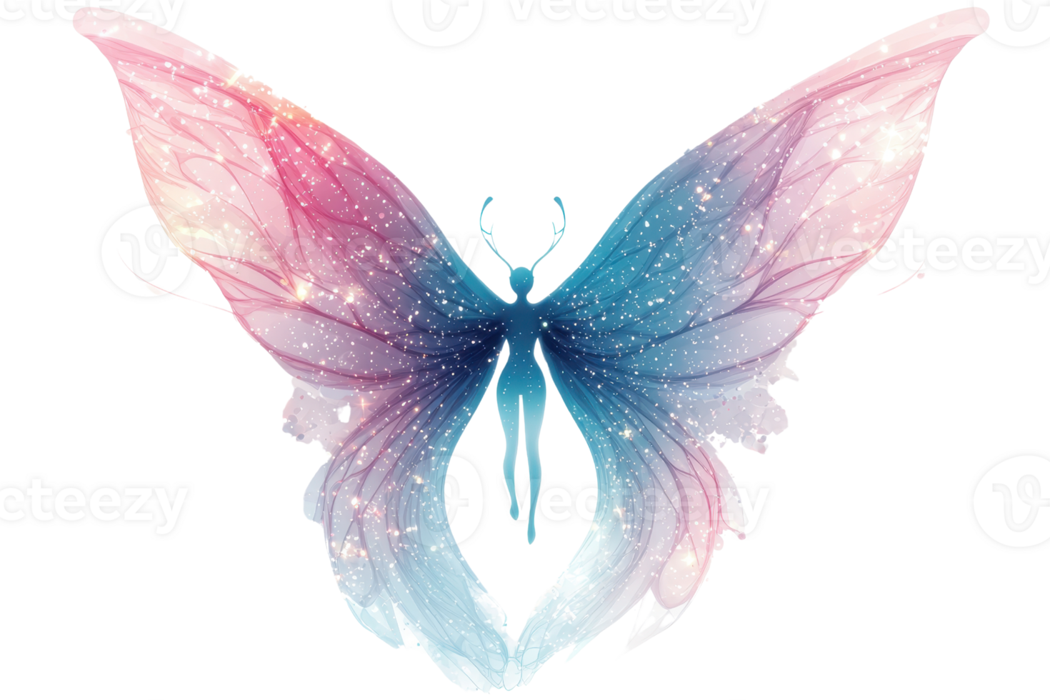 Enchanted butterfly with vibrant gradient wings in a galaxy-inspired design, sparkling with stars and mystique against an ethereal backdrop. png