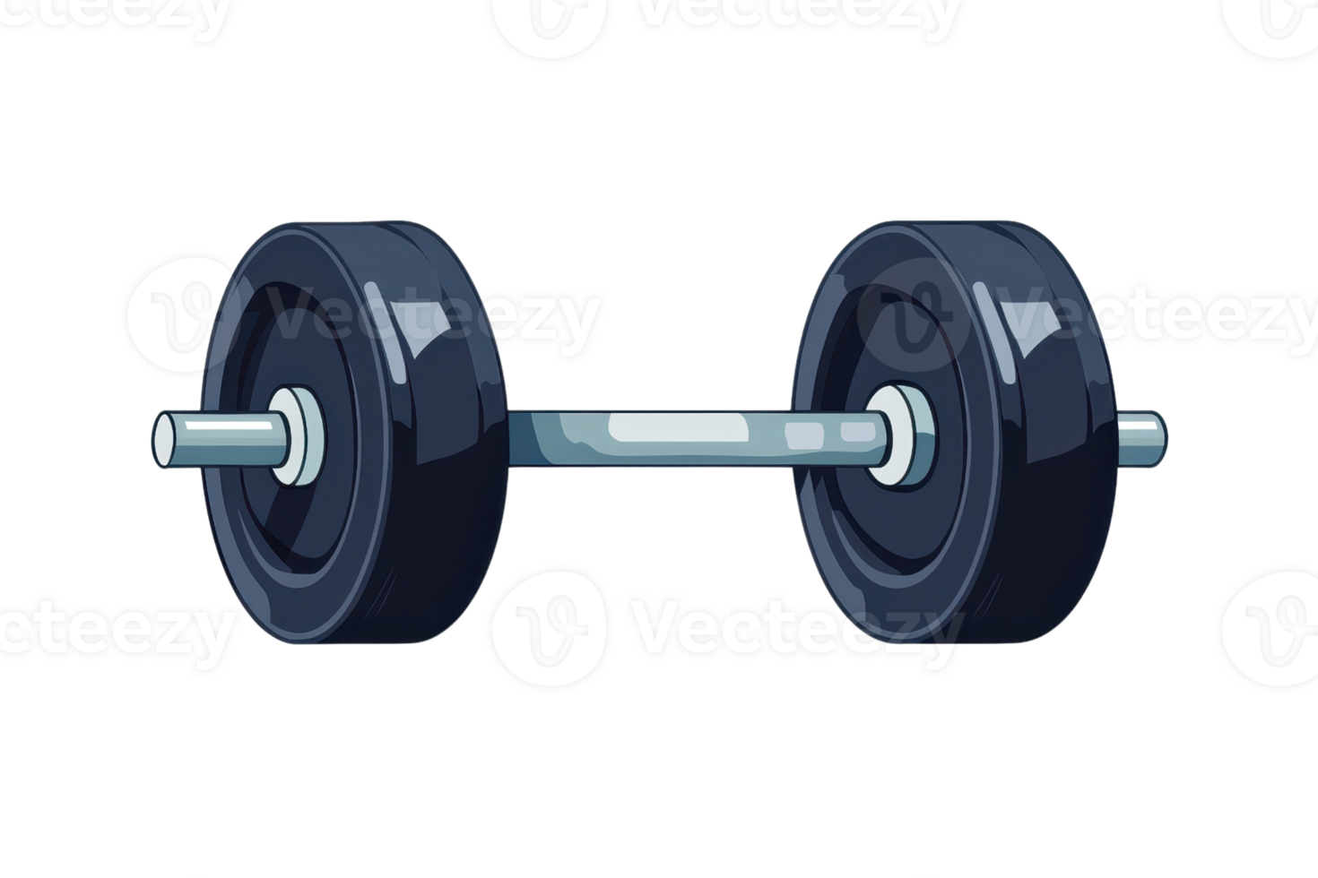 Illustrated dumbbell with black weights on either side of a metal bar, symbolizing strength, fitness, and exercise. png