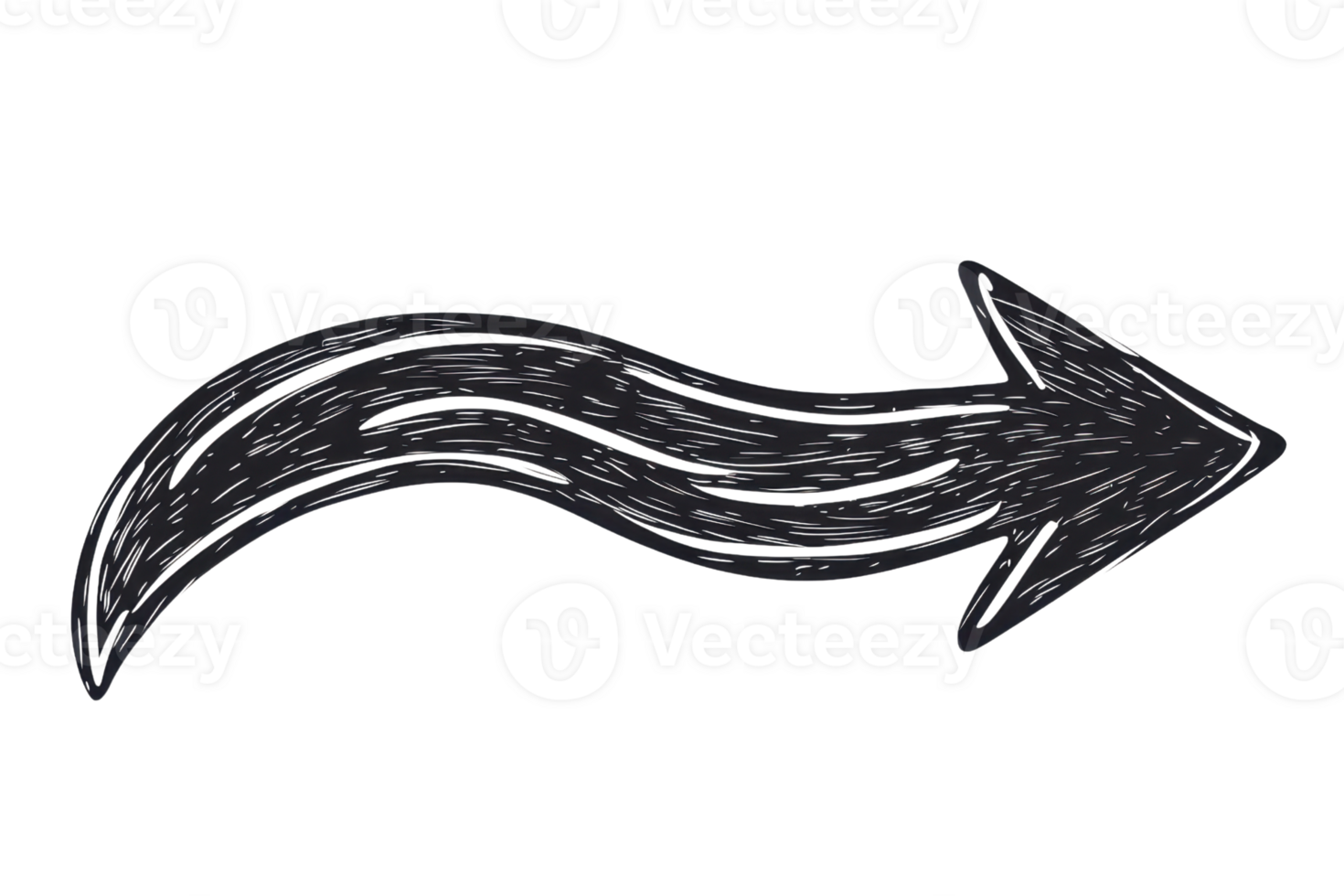 Illustration of a black, hand-drawn arrow with a curved body pointing right, isolated on a transparent background. symbolizing direction or movement. png