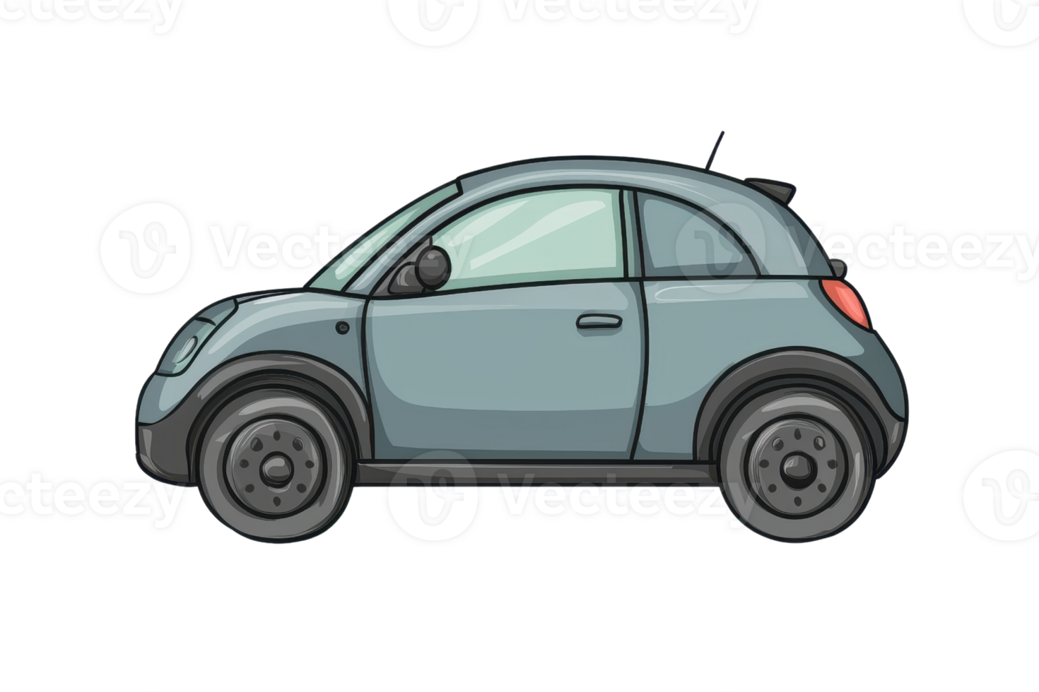 Illustration of a compact, modern car. Side view of a small, gray vehicle with a sleek, simple design. art for automotive themes. png