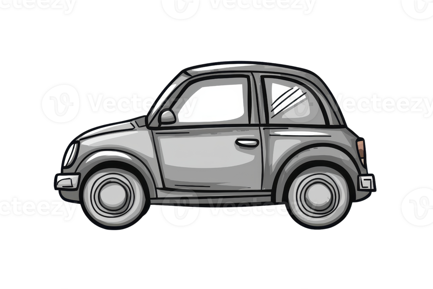 Illustration of a small, gray cartoon car on a transparent background, highlighting its cute and compact design. png