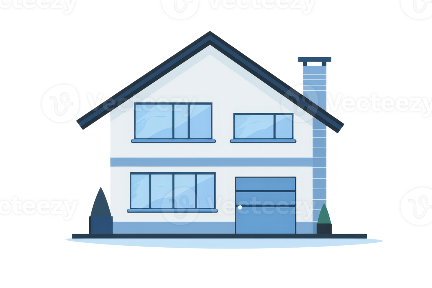 Illustration of a modern two-story house with large windows, a chimney, and minimalistic design, depicting contemporary residential architecture. png