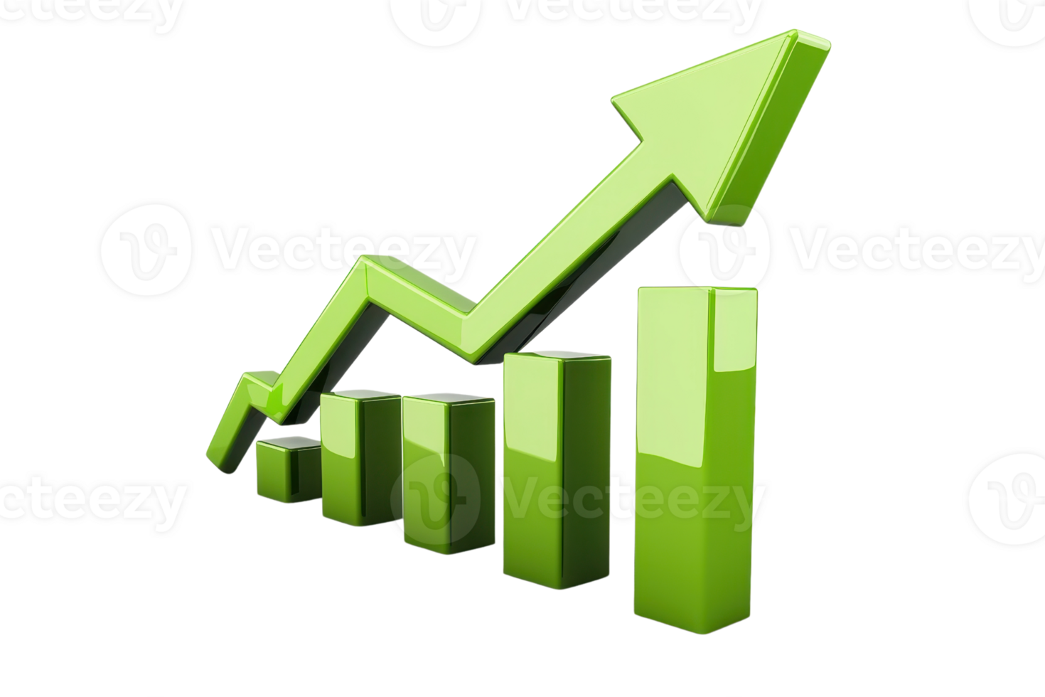 Green 3D bar graph with upward arrow symbolizing growth, success, and progress in finance or business on a transparent background. png