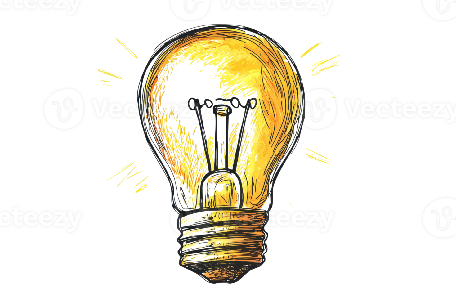 Hand-drawn illustration of a glowing light bulb, symbolizing creativity, innovation, and bright ideas with artistic flair. png