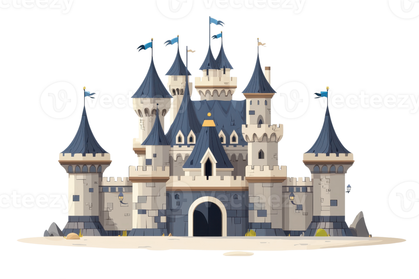 Enchanting fairy tale castle with turrets and flags, ideal for fantasy themes, storytelling, and children's illustrations. png