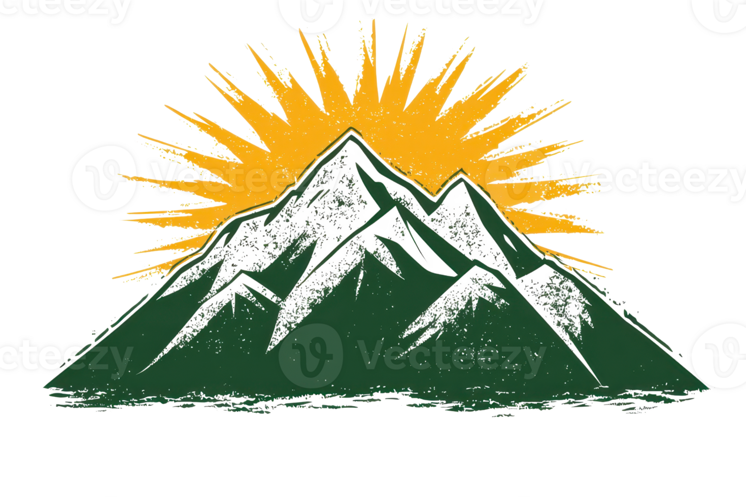 Illustrated mountain peaks with sunburst background, symbolizing adventure and nature. Perfect for outdoor, travel, or exploration themes. png