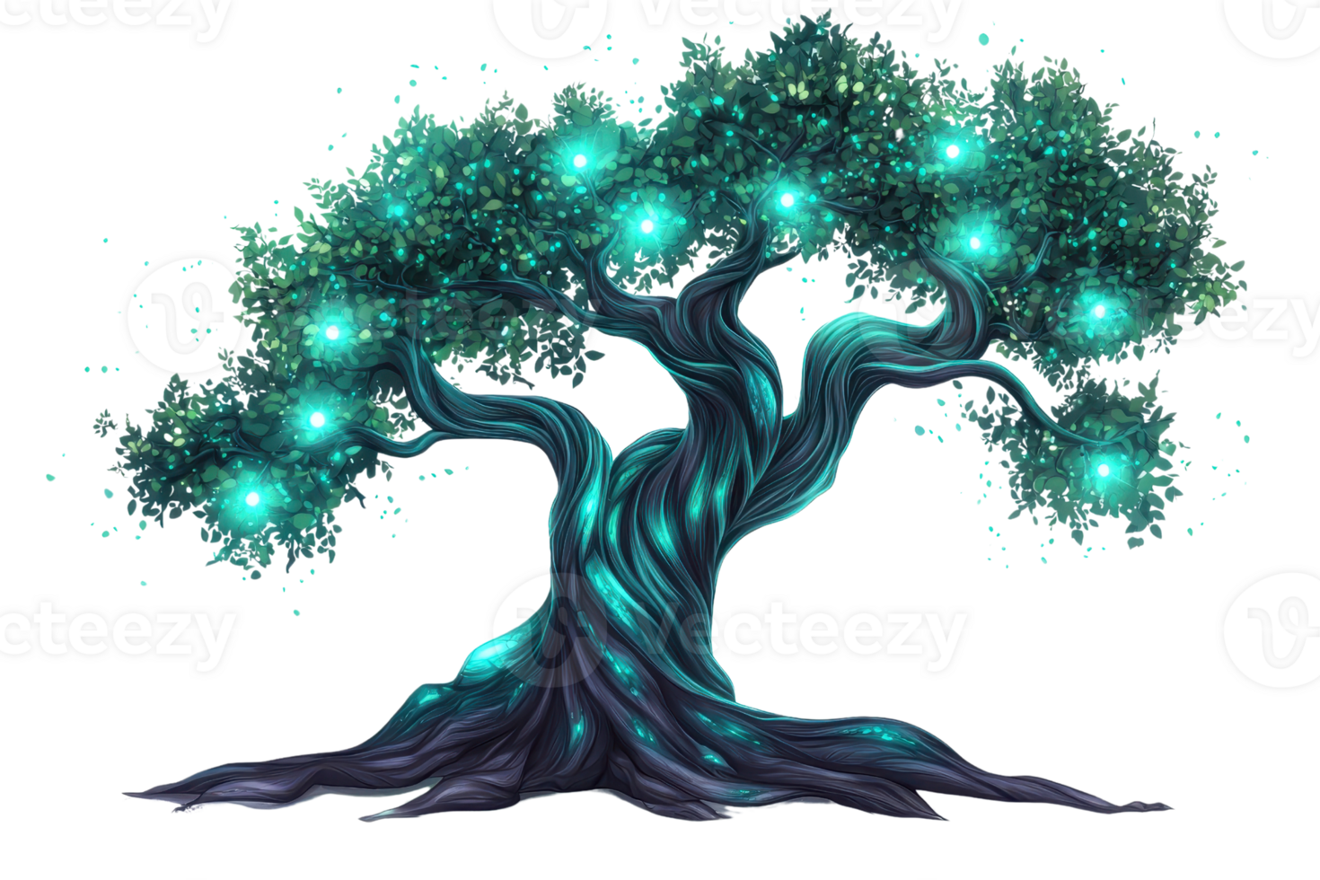 Enchanting mystical tree with glowing orbs and twisting branches, capturing a magical, fantasy-like atmosphere in vibrant colors. png