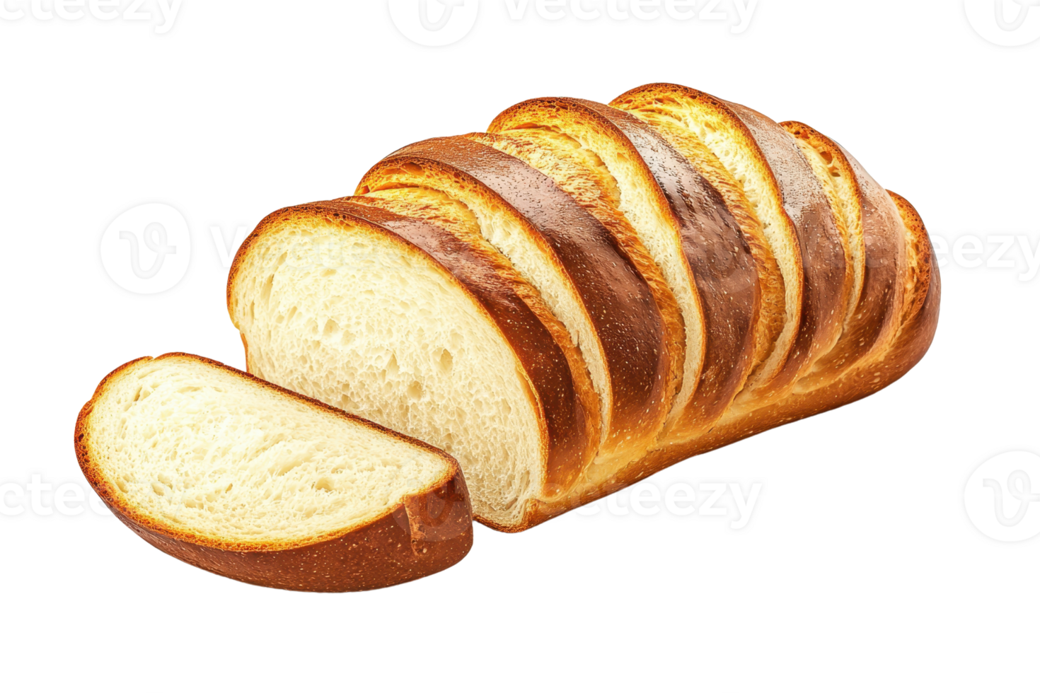 Freshly baked sliced bread with a rich golden crust, perfect for breakfast or sandwiches, isolated on a transparent background. png