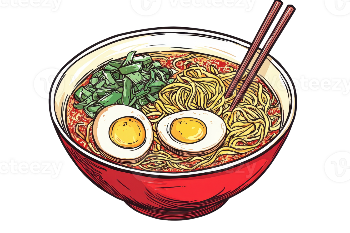 Illustration of a steaming bowl of ramen with boiled eggs, greens, and chopsticks. Perfect for Asian cuisine lovers and food illustrations enthusiasts. png