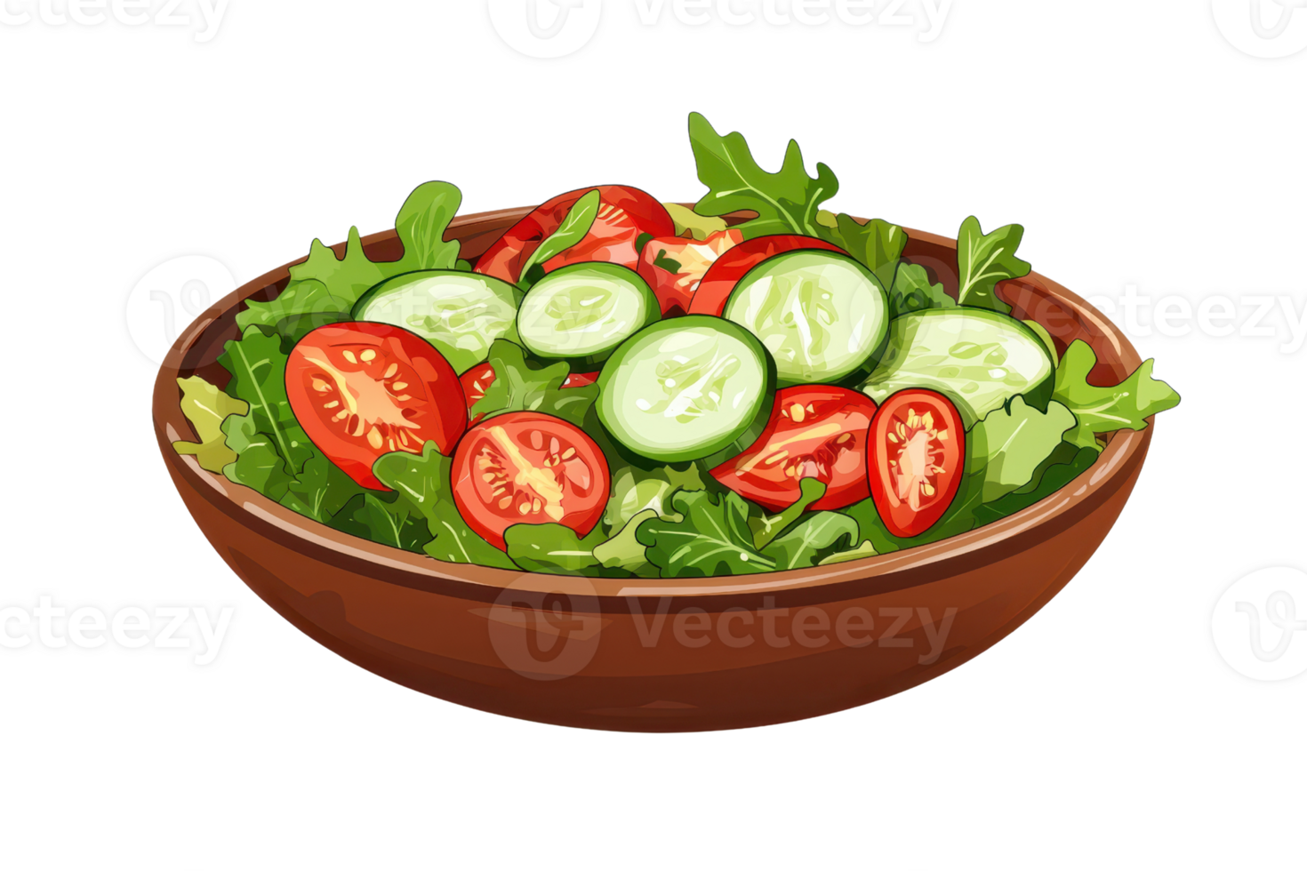 Fresh vegetable salad in a wooden bowl with tomatoes, cucumbers, and leafy greens. Perfect for a healthy and delicious meal option. png