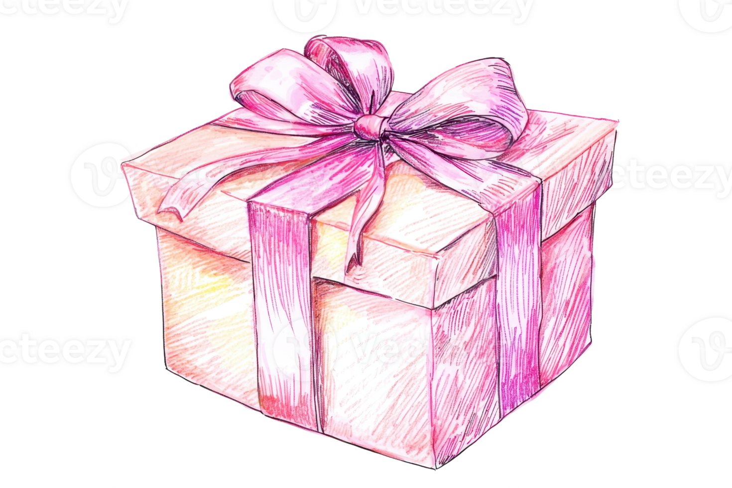 Hand-drawn gift box with a pink ribbon, showcasing a delicate and charming watercolor style, perfect for festive and celebratory themes. png