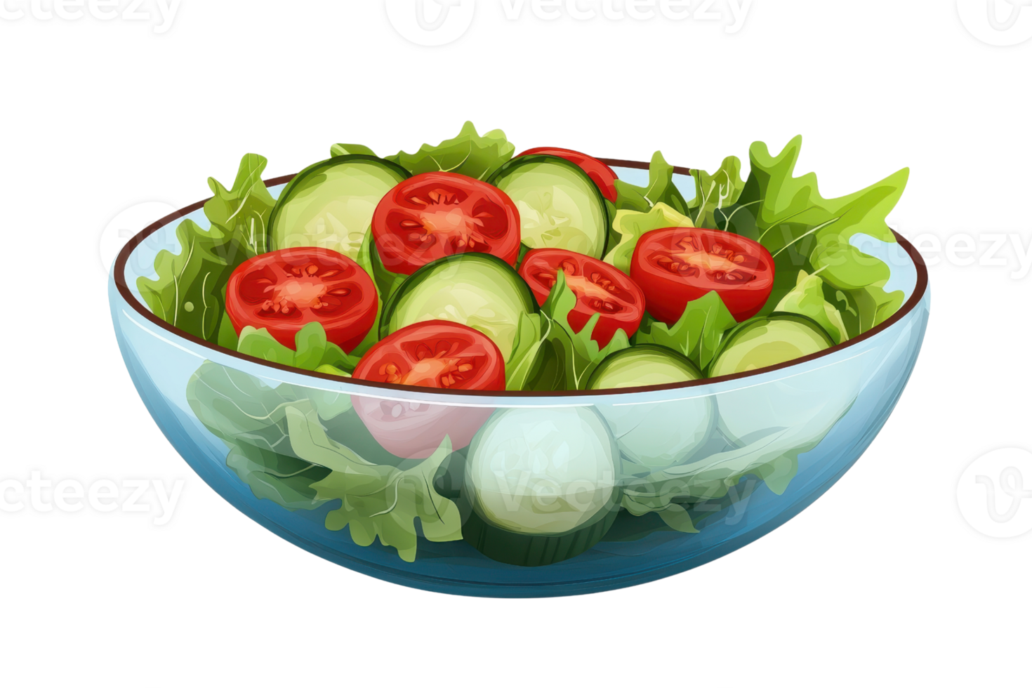 Fresh and colorful garden salad with tomatoes, cucumbers, and greens in a glass bowl, perfect for a healthy meal option. png