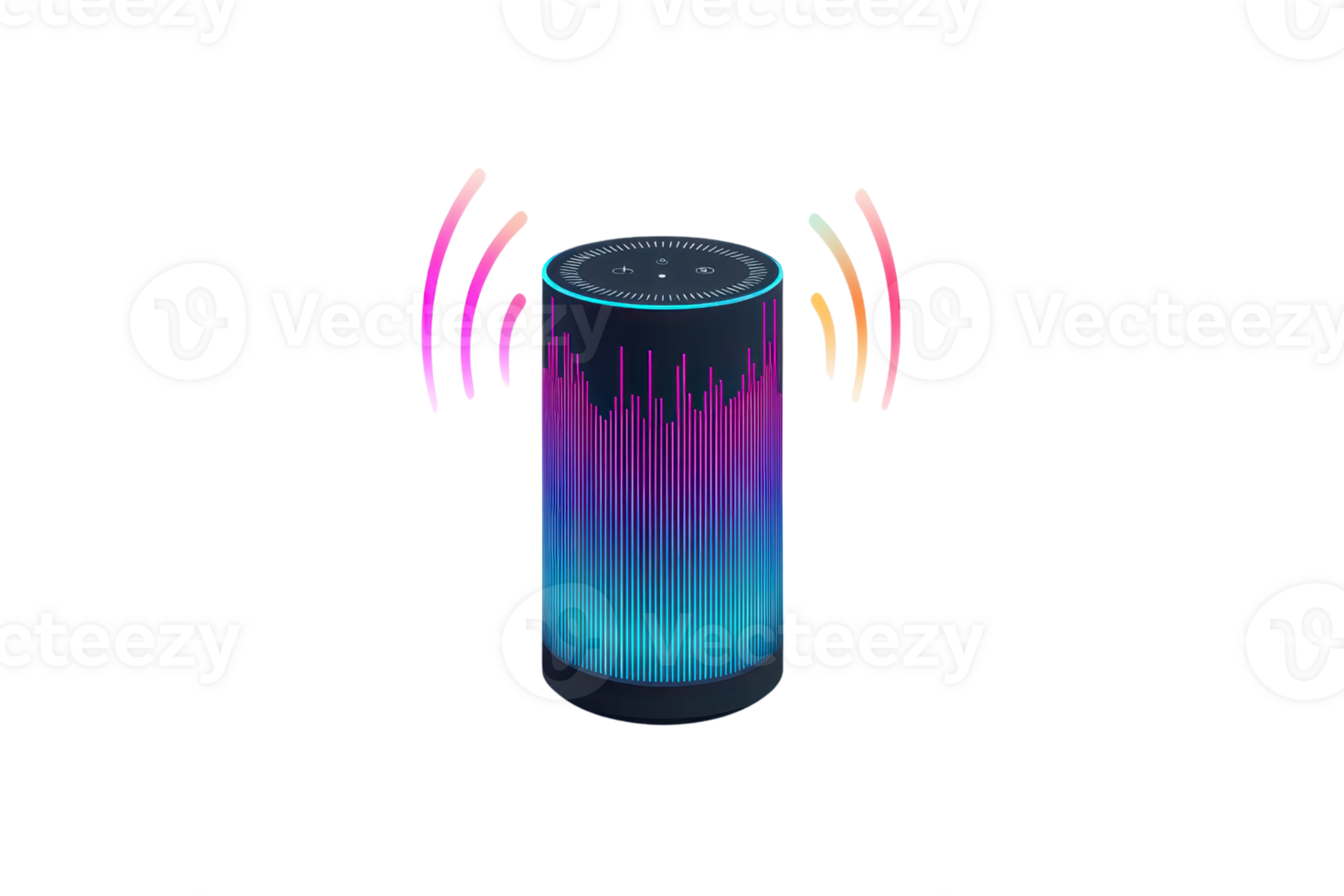 Smart speaker emitting colorful sound waves, representing modern technology and innovation in wireless audio devices for music playback. png