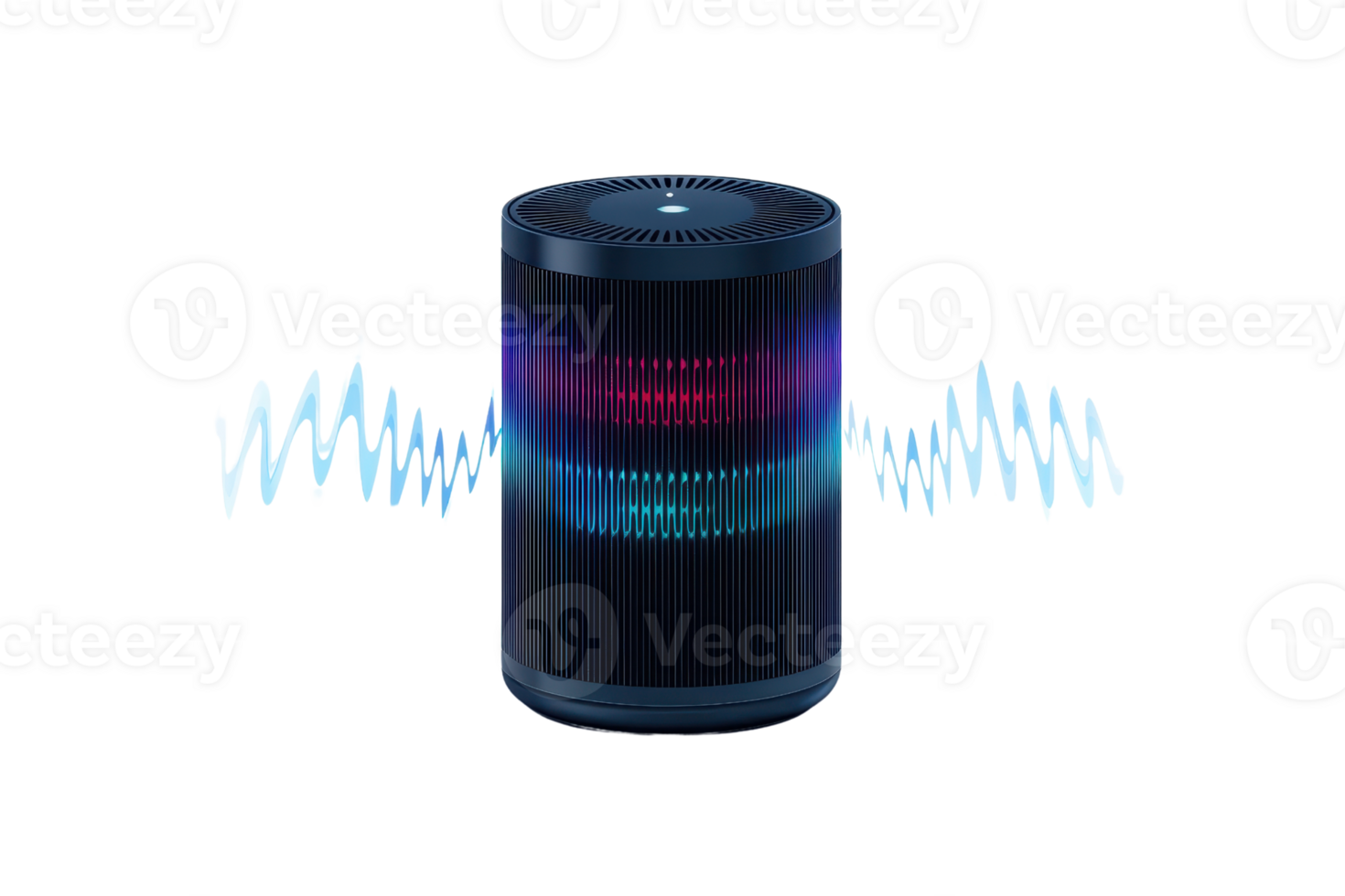 Smart speaker with vibrant LED light display and sound waves. Perfect for tech and home automation themes. Isolated on a transparent background. png