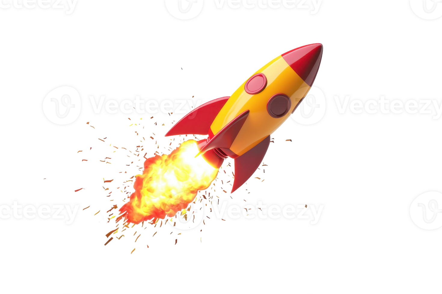 Vibrant cartoon rocket blasting into space with fiery exhaust, symbolizing adventure and innovation in a fun and playful style. png