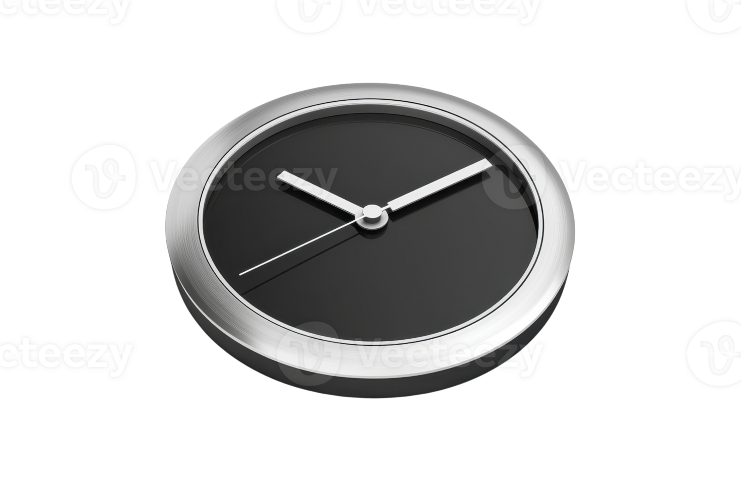 Sleek wall clock with a black face and silver frame, displaying the time with minimalist design. Perfect for modern home or office decor. png