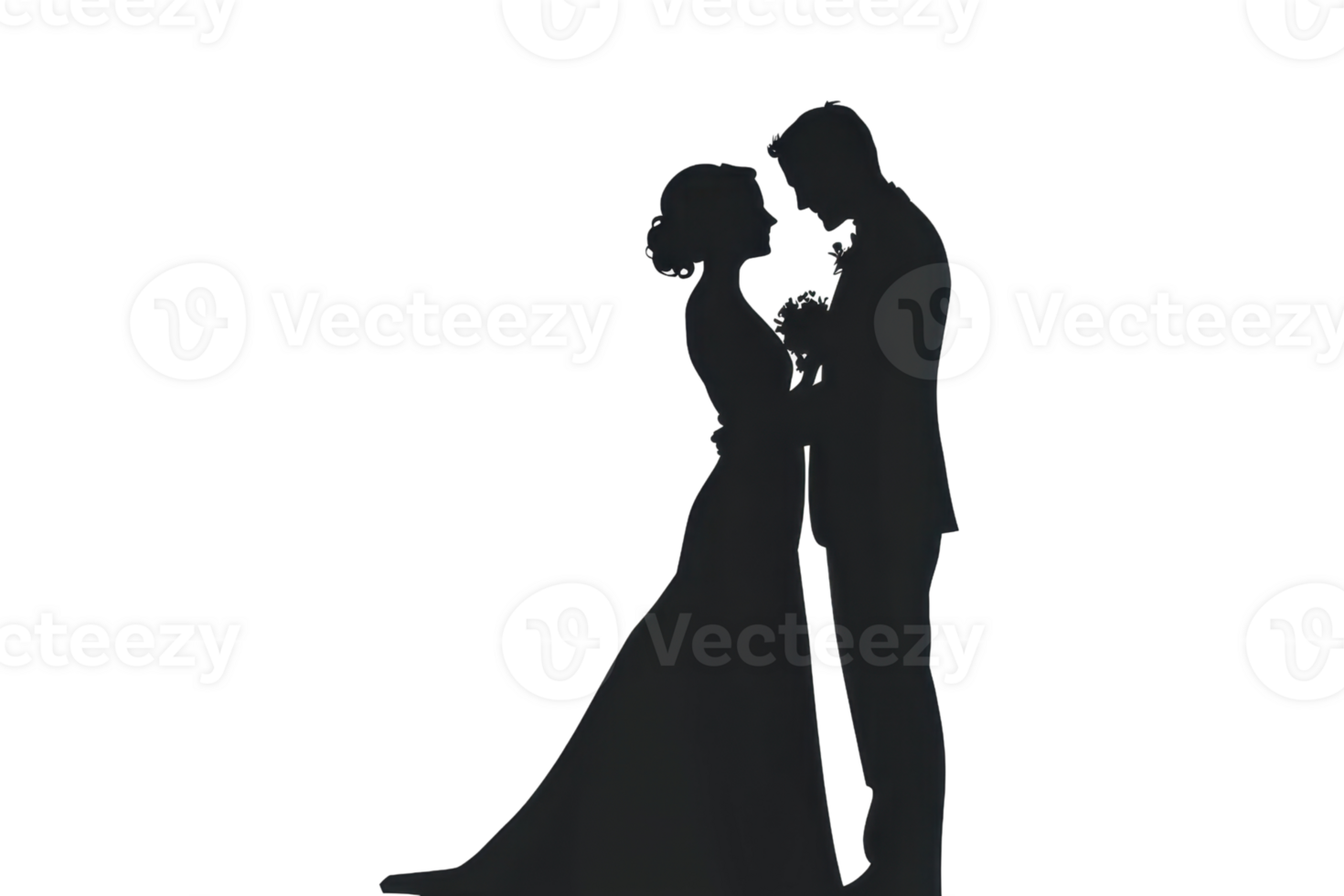 Silhouette of a bride and groom embracing, capturing a romantic moment in their wedding attire against a light background. png