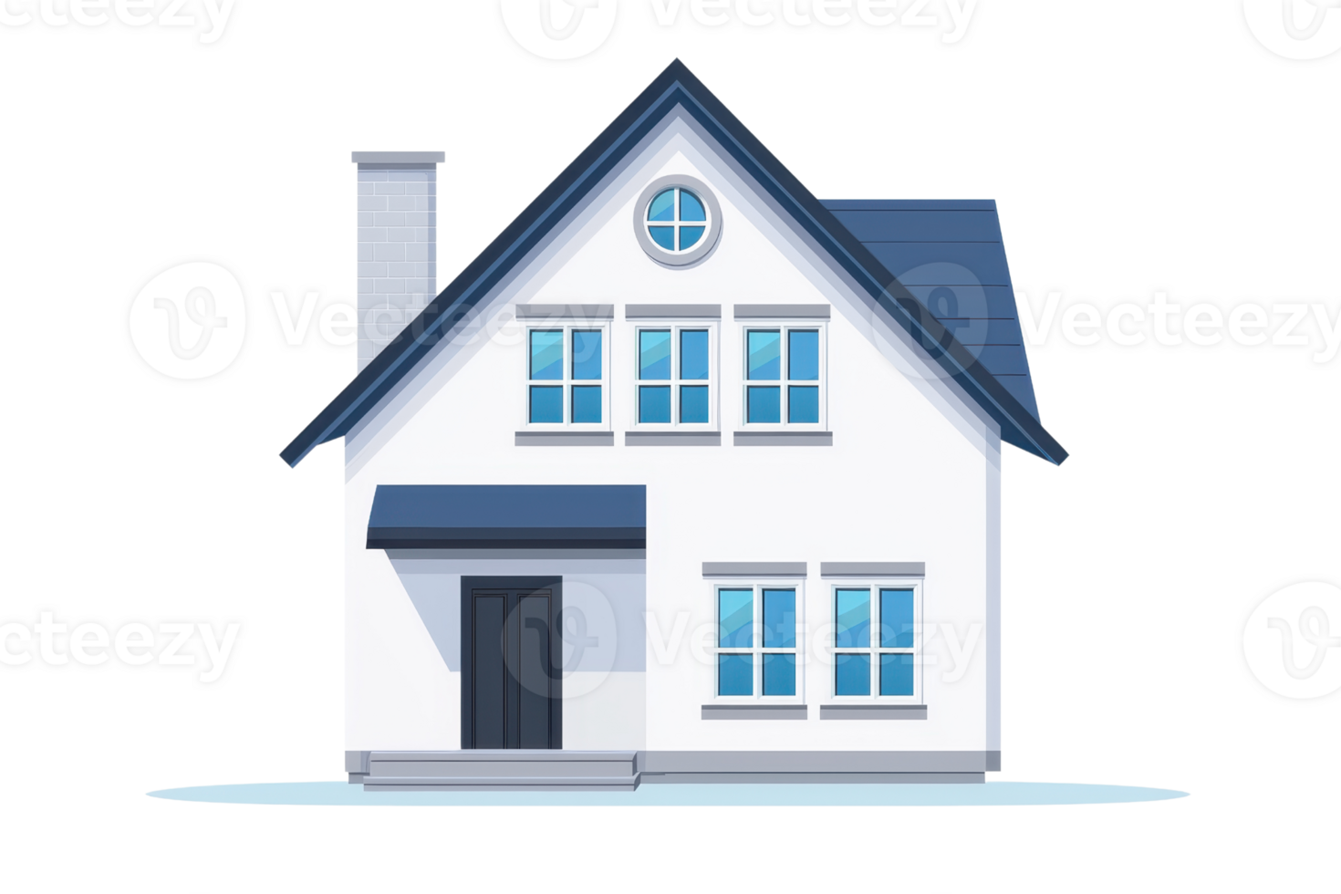 Stylized illustration of a modern house with blue roof, windows, and chimney, perfect for real estate and architecture concepts. png