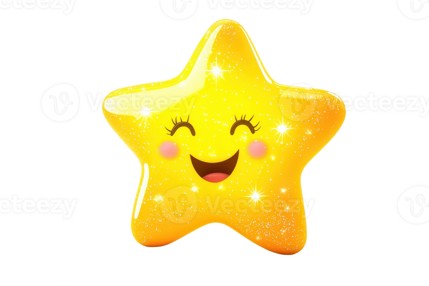 Smiling cartoon star character with sparkling glitter effect, cheerful and bright design ideal for children's illustrations and playful themes. png