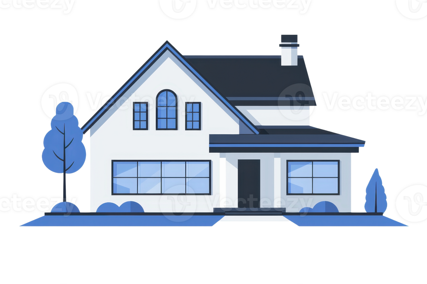 Modern suburban house illustration in blue tones with trees and shrubs, depicting a peaceful residential home scene. png