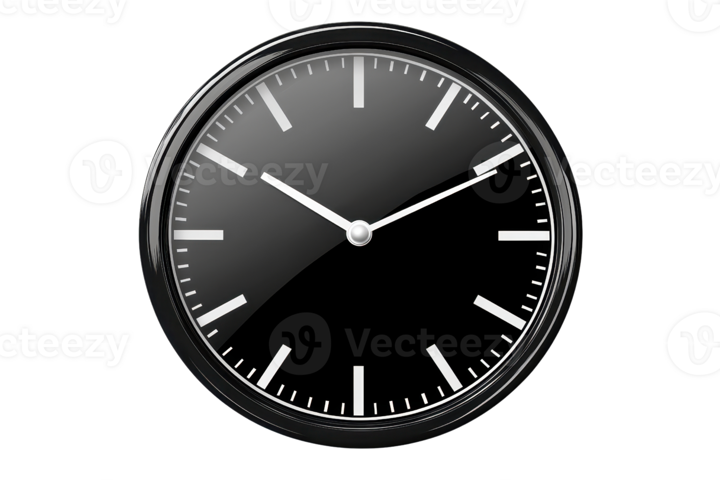 Sleek black analog clock with minimalist design, showing time on a glossy surface, isolated on a transparent background. perfect for modern decor. png