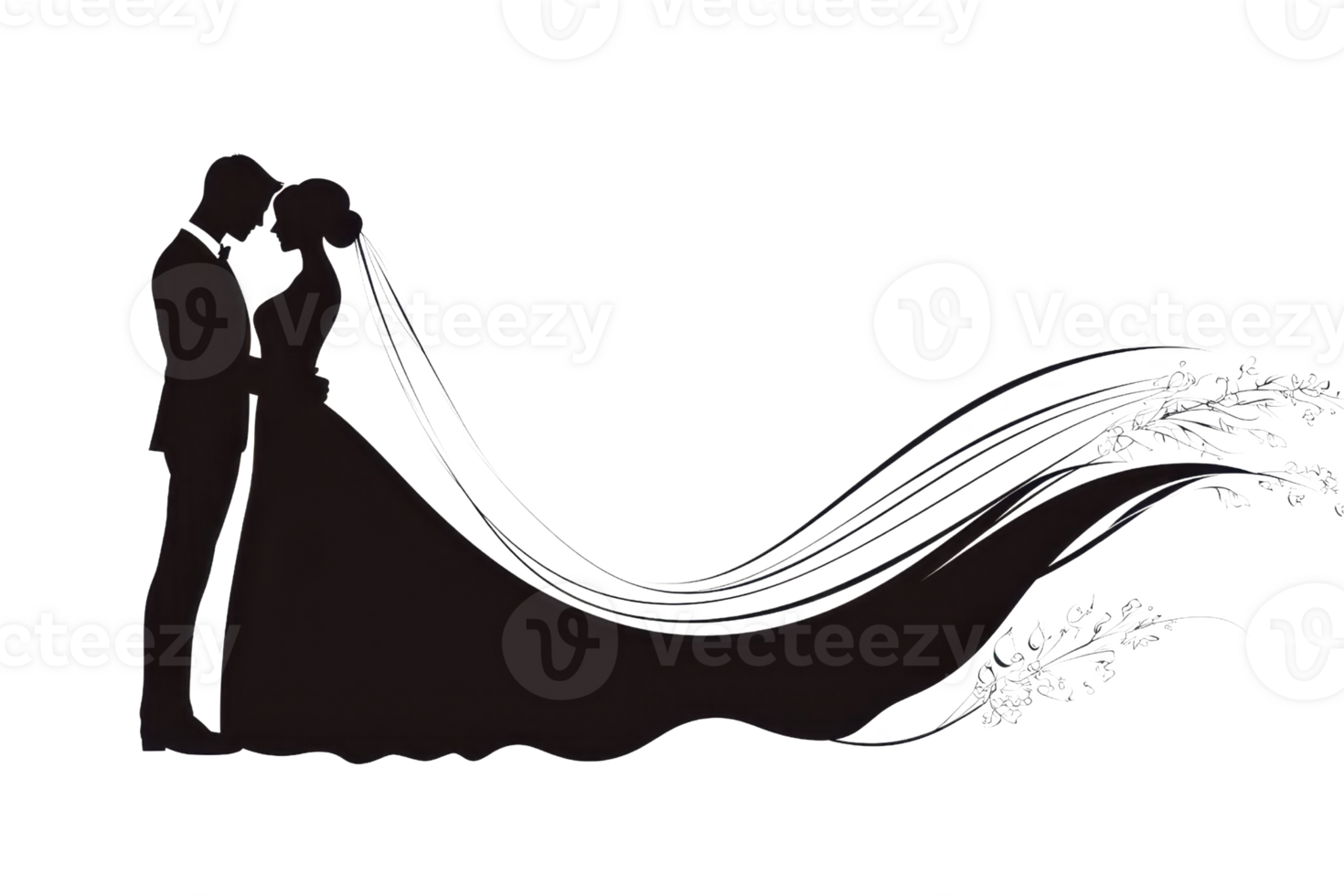 Silhouette of a romantic wedding couple embracing, bride in a flowing gown, perfect for wedding invites or greeting cards. png