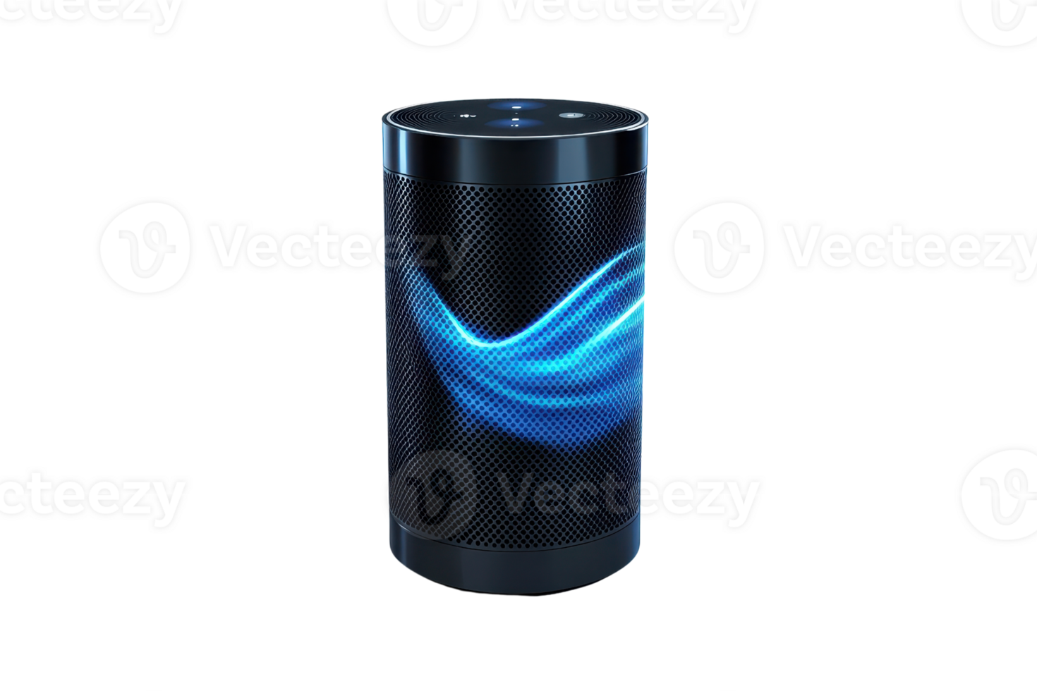 Sleek black smart speaker with glowing blue wave design, showcasing modern technology and connectivity for home or office use. png